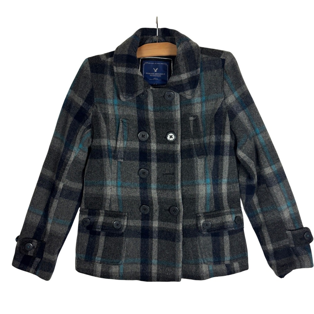 Vintage American Eagle Outfitters Womens Gray Plaid Wool Pea Coat Y2k Sz L